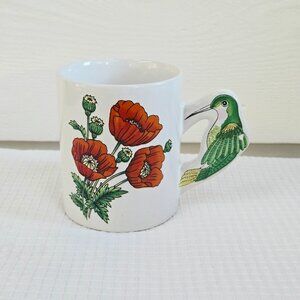3/$35 🌼 Vintage Ceramic Mug with Poppies & Hummingbird Handle – Floral Art Mug